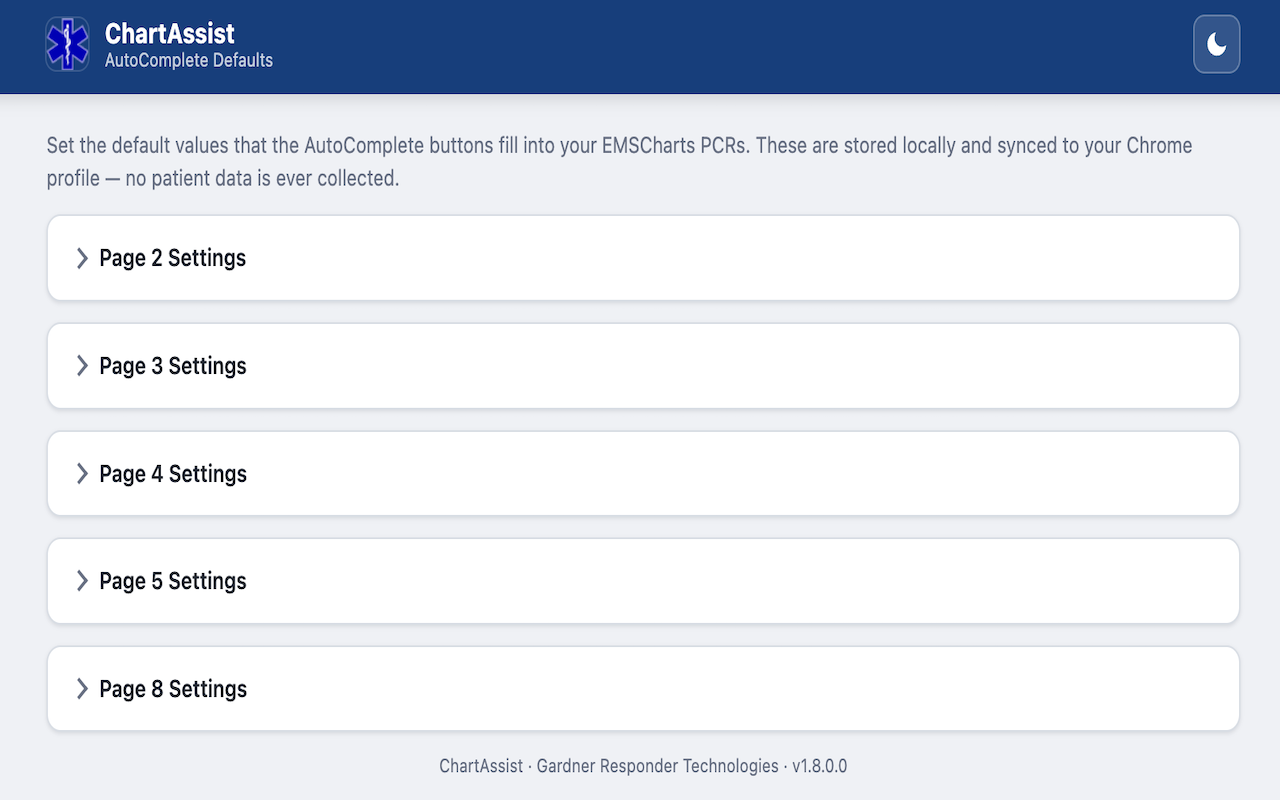 The ChartAssist Options page, where providers set the default values that AutoComplete fills in.