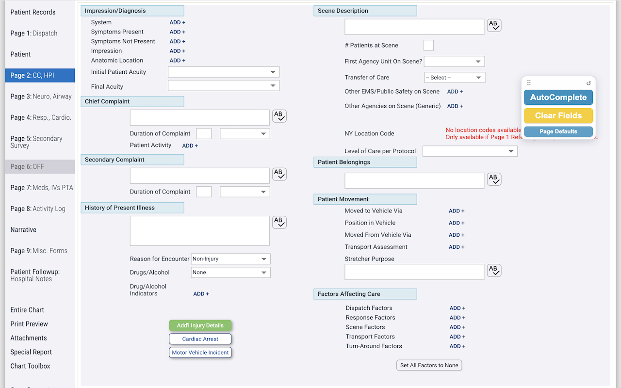 The ChartAssist toolbar floating on an emsCharts PCR page, showing AutoComplete, Clear Fields, and Page Defaults buttons.