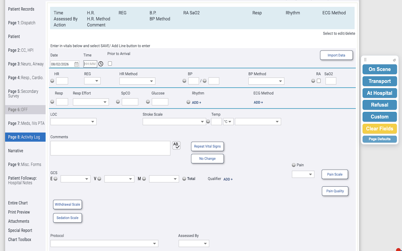 An emsCharts activity-log page with the ChartAssist toolbar and its preset buttons.