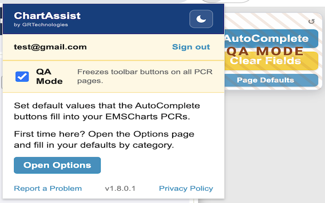 QA Mode enabled in the ChartAssist popup, showing the toolbar frozen with a QA MODE overlay.